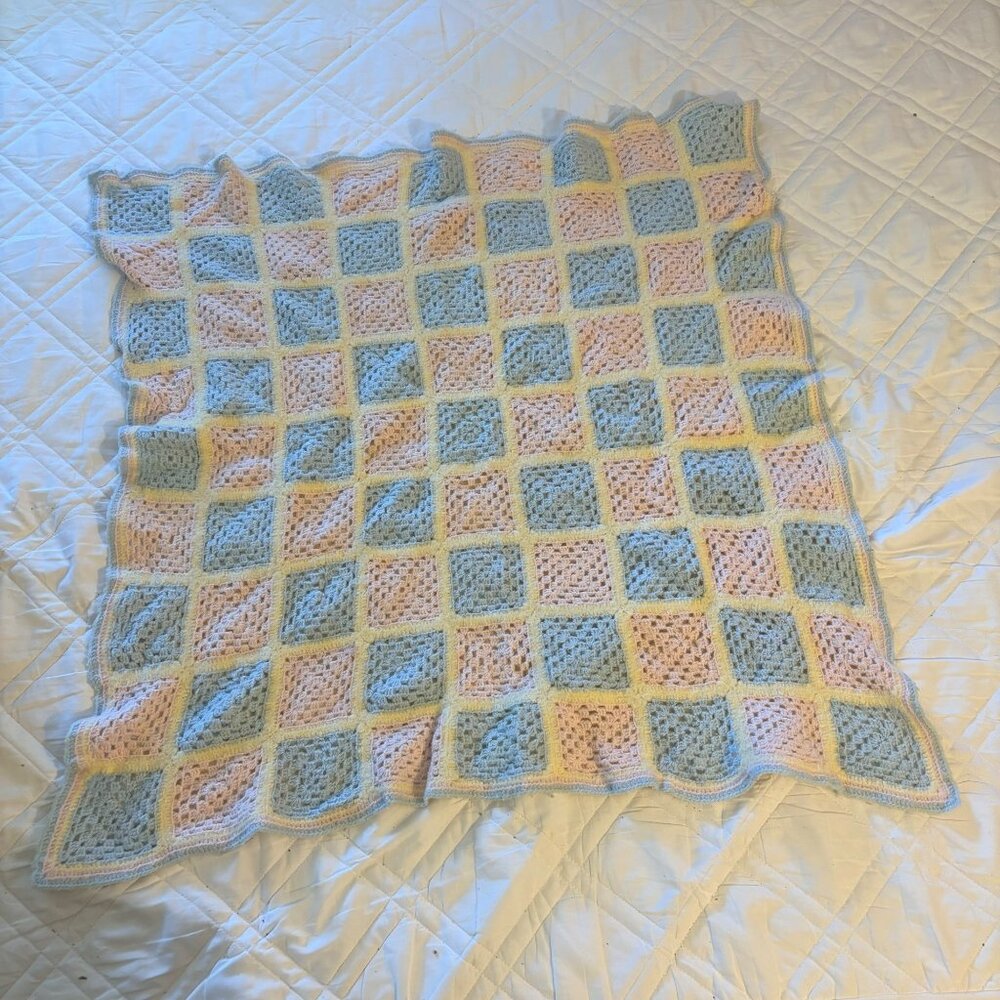 Handmade Crocheted Baby Blanket In Pastel PInk blue‎ Soft Cozy Square 30x30